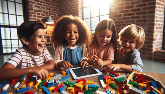 First and second grade students smiling and building with LEGO bricks together in class